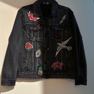 Embroidered Black Denim Jacket with Floral Accents